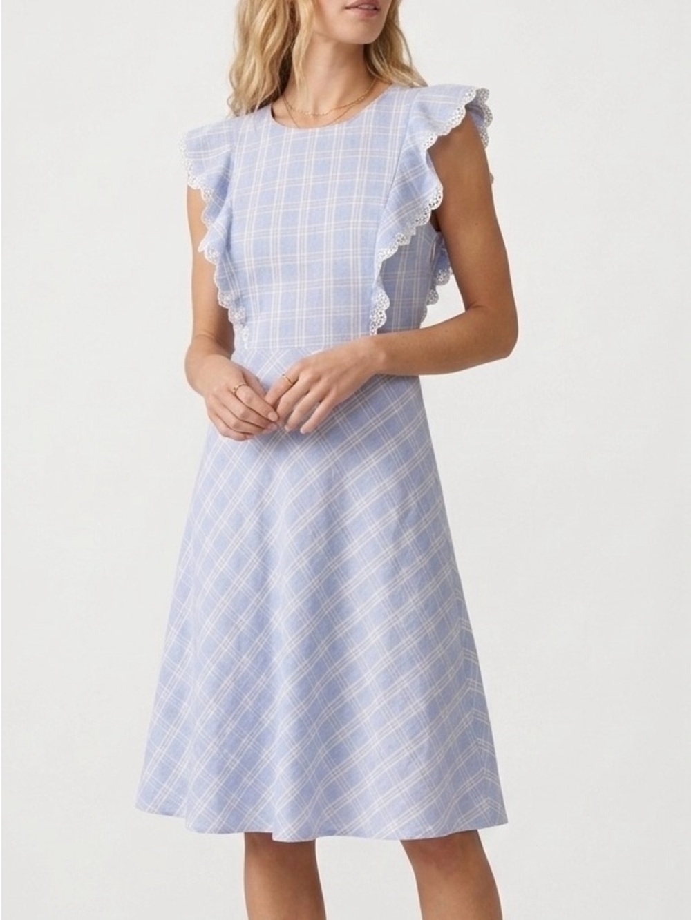 Draper James Plaid Linen Ruffle Dress 8 Cottagecore Coastal Granddaughter